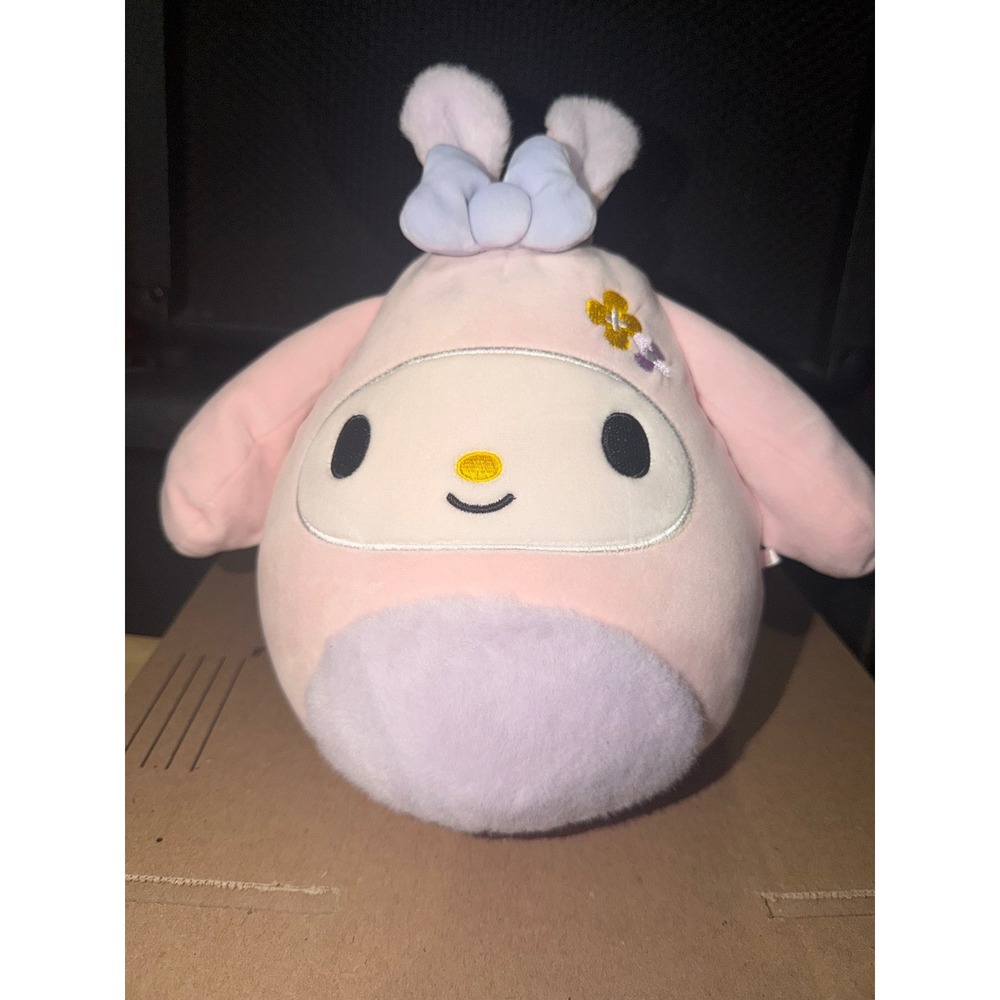 Sanrio My Melody Plush Pink Lavender Squishy Stuffed Animal Bunny Blue Bow 8 in